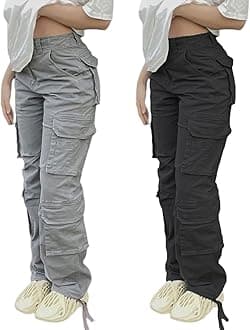 Viatabuna High Waisted Cargo Pants for Women Baggy Y2k Straight Wide Leg Pants with Pockets Streetwear