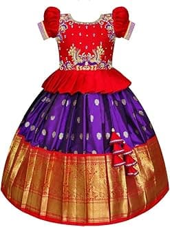 White Button Girls Jacquard New South Indian Traditional Pattu Pavadai Jecquard Readymade Lehenga Choli