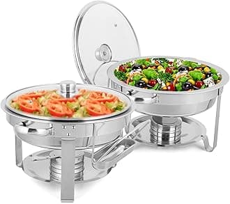ROVSUN5 Qt 2Pack Chafing Dish Buffet Set, NSF Stainless Steel Round Chafers for Catering, Buffet Servers and Warmers Set with Glass Lid & Lid Holder, Thick Stand Frame for Wedding Party Banquet Event
