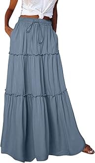 Midi Skirts for Women UK Elasticated Waist - Midi Skirts for Women UK A Line - Knee Length Skirt Tiered Maxi Skirt Cotton Ladies SummerSkirts Long Summer Solid Colorskirt Vacation Outfits