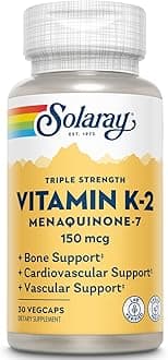 Solaray Triple Strength Vitamin K-2 as MK-7 150 mcg - Vitamin K2 MK7 Supplement for Bone Health Support, Pure Vit K2 as Menaquinone for Women and Men - 30 Vegan Capsules