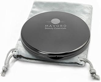 Mavoro Magnifying Compact Mirror | 1x/10x Magnification | 10cm Small Pocket Purse Double Sided Travel Makeup Mirror | Folding Portable Hand Compact Mirror for Handbag and Purses (Black)