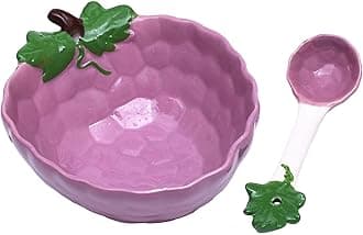 Ceramic Grape Shape Dessert Bowl 11.8oz., Creative Handmade Small Bowl with Spoon for Appetizer, Snacks, Salads, Yogurt, Side Dishes, 5.9" L x 4.7" W x 2.2" H