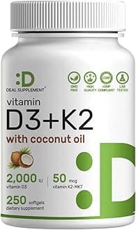 Vitamin D3 2,000 IU + K2 MK7 50mcg Softgels | 2-in-1 Complex with Virgin Coconut Oil | Supports Heart, Bone, Teeth & Immune Health | Easy to Swallow