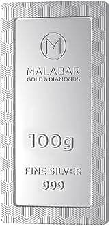 Malabar Gold & Diamonds 999 Purity Silver Bar 100 Grams | Silver Coin cum Bar for Birthday, Anniversary and Diwali Gift