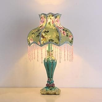 Lovely Table Lamp with Fabric Lampshade, Antique Flower Decorative Bedside Desk Lamp, Handmade Night Light for Bedroom Nightstand (Green)