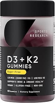 Vegan Vitamin D3 + K2 Sugar-Free Gummies - 125mcg (5000iu) Vitamin D w/ 100mcg Mk7 Vitamin K - Supports Bone & Immune Health* - Vegan Certified · Non-GMO · Soy Free - 60 Count