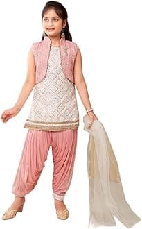 Aarika Girl's Silk Ethnic Wear Sequin Embroidery Lace Work Kurti Patiala Suit Set With Jacket