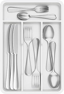 Lifewit Small Cutlery Tray, 31.5x19.8cm Cutlery Drawer Organiser Utensil Holder for Kitchen Storage Spoon Fork Knives,4 Compartments,White