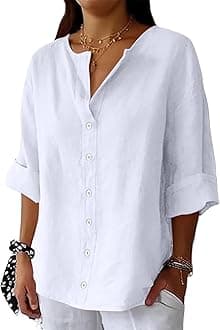 Women's Linen Shirt Button Down V Neck Trendy Solid Blouse 3/4 Sleeves Casual Loose Fit Tunic Tops Summer T Shirts