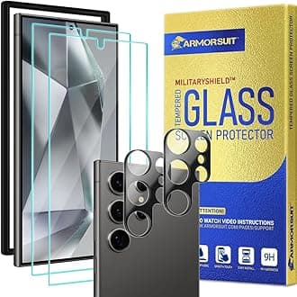 2+2 Pack for Samsung Galaxy S24 Ultra 6.8" Tempered Glass Screen Protector + Lens Protector Case Friendly 9H MilitaryShield (w/Alignment Tool)