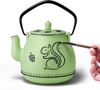 Teapot with Removable Infuser, Cast Iron Tea Kettle Stovetop Safe, Squirrel Design Tea Pot Coated with Enameled Interior for 32 Ounce (950 ml), Bright Green