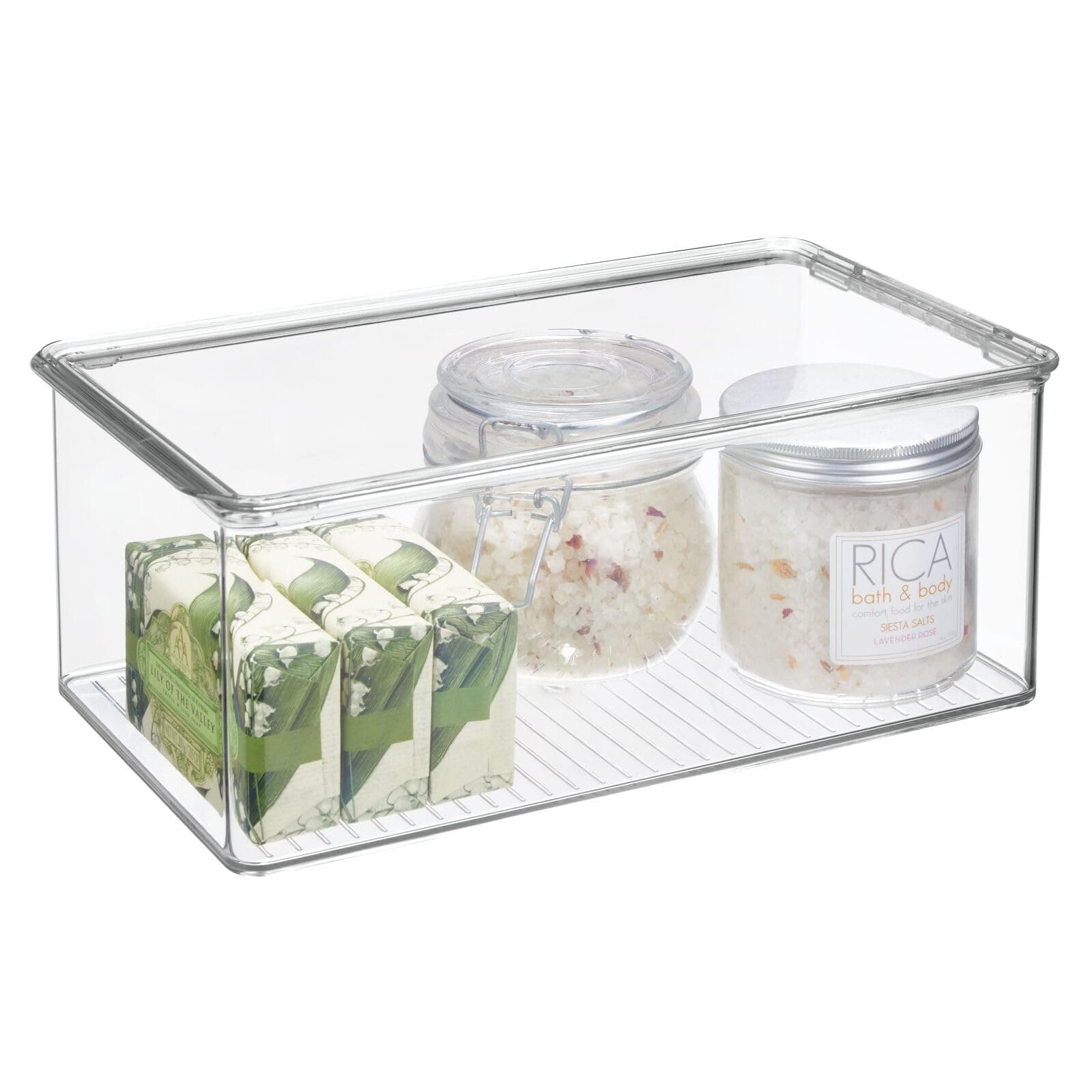 mDesign Stackable Plastic Bathroom Storage Box, Hinge Lid, Container for Organizing Soap, Body Wash, Shampoo, Conditioner, Hand Towels, Hair Accessories - Lumiere Collection, Clear