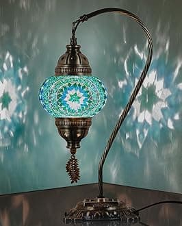 DEMMEX Turkish Moroccan Mosaic Table Lamp – Handcrafted Tiffany-Style Colorful Glass Swan Neck Bedside, Desk, Table Light, Boho Artisan Accent Lighting for Bedroom or Living Room – 15" H, Turquoise