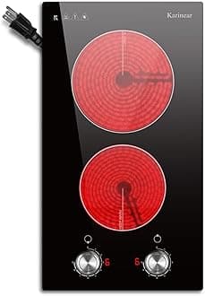 Karinear 110V Electric Cooktop 2 Burners Electric Stove 12 Inch Knob Control Countertop & Built-in Ceramic Cooktop, 9 Heating Level, Hot Warning, Over-Temperature Protection(Silver Knob)