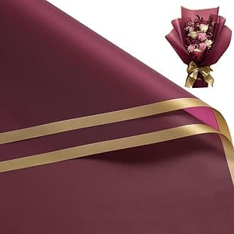 RUSPEPA 20 Sheets Flower Wrapping Paper - Gold Edge Waterproof Floral Bouquet Wrapping Paper - Florist Supplies Packaging Paper for Birthday, Wedding and DIY Crafts - Wine Red