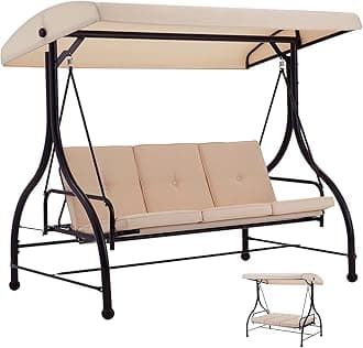 AECOJOY Porch Swing Chair, 3 Seats Porch Swing Adjustable Canopy Outdoor Swing with Stand Patio Swing Bed with Removable Beige Cushions