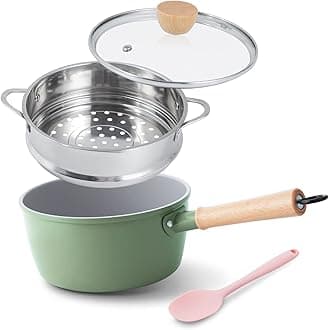 ROCKURWOK 2.2QT Ceramic Nonstick Saucepan with Lid, Green Sauce Pot with Steamer for Food, Wooden Handle for Cool Touch, Induction | Dishwasher Safe | PFAS Free | Heavy Duty