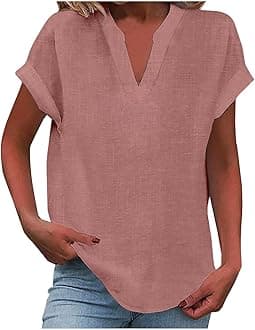 HUEAHDOU Tunic Tops for Women Loose Fit Dressy Casual Buttons Vneck Blouses Trendy Summer Cotton Linen Shirt Holiday Outfits