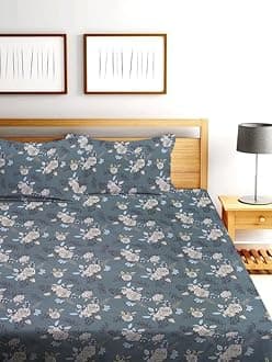 NEW LEAF Premium Cotton Elastic Fitted Bedsheets with 2 King Size Pillow Covers | Double Bed with All Around Elastic 220 TC Supersoft |Size-72 King Sizex78+10 inches | Grey White Rose