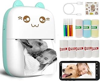 Mini Printer Portable, Inkless Sticker printer with 8 Rolls Paper, Bluetooth Wireless mini thermal printer Compatible with iOS + Android for Journal, Memo, Photo, Print Pod Gifts for Girls Kids