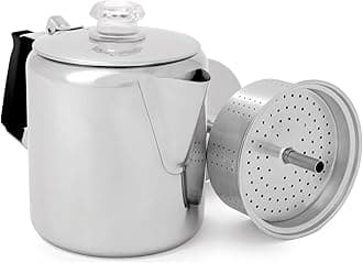 Percolator Coffee Pot I Glacier Stainless Steel with Silicone Handle for Camping and Backpacking, for Individuals and Groups, Stove Safe