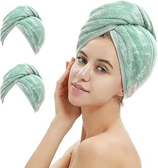 2 Pack Microfiber Hair Towel Wrap,Hair Drying Towel with Button, Hair Towel Turban,Head Towel to Dry Hair Quickly (Green&Green)