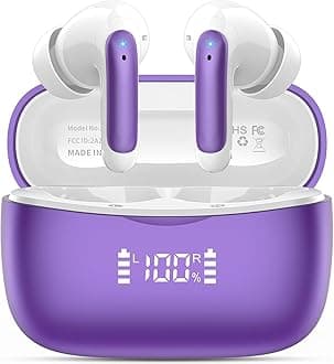 Wireless Earbuds,2025 Bluetooth 5.3 Headphones In Ear with 4 HD microphone, 56H Playtime, HIFI Stereo In Ear Earphones, IPX7 Waterproof Bluetooth Earbuds, LED Display, USB-C, Sport/Work/Leisure/Purple