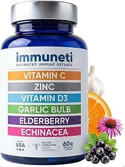 Immuneti Nutrition Advanced Immune Defense, 6-in-1 Powerful Blend of Vitamin C, Vitamin D3, Zinc, Elderberries, Garlic Bulb - Supports Overall Health, Provides Vital Nutrients & Antioxidants