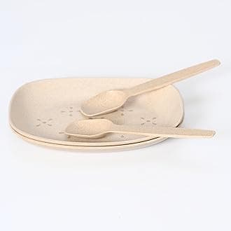 Eha Earth-Friendly Small Snack Serving Plates Set of 2 with Spoons | 6 inch | Small Snack Plate Made with Bamboo Fibers & Rice Husk Fiber | Microwave Safe | Dessert Plates | Sand Castle