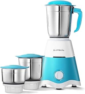 Longway Super Dlx Mixer Grinder | Up to 700 Watt Powerful Motor | 3 Jars for Grinding, Mixing, Juicing | 2 Year Warranty (Blue & White, 3 Jars)