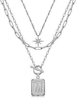 MJartoria Layered Initial Necklaces for Women Trendy, 14K Gold Plated Brass Simple Star Choker Square Letter Pendant Necklace, Paperclip Chain Necklaces Jewelry Gifts