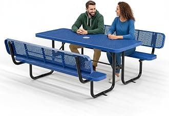 Commercial Heavy-Duty Metal Picnic Table with Backrest - ADA Compliant, Adjustable Seats, Umbrella Hole, Expanded Metal (Blue, 6' Rectangular with Back)