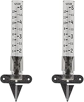 Taylor Rain Gauge Outdoor Glass 5 Inch Capacity - 2 Piece Set with Metal Ground Spike, Easy-Read Measurement Increments, Weather Resistant