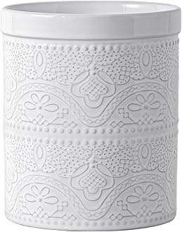 FUN ELEMENTS Kitchen Utensil Holder, 7.2" Super Large Utensil Crock Heavy and Stable Lace Emboss Ceramic Utensil Holder for Kitchen Counter (Bright White)