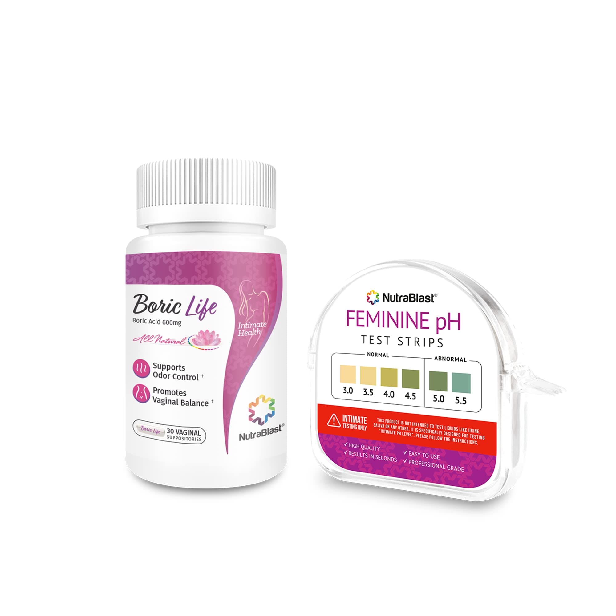 NutraBlast Boric Acid Suppositories 600mg (30 Count) Bundle with Feminine pH Test Strips 3.0-5.5 (100 Tests Roll) | Monitor Intimate Health | Accurate Women’s Acidity & Alkalinity