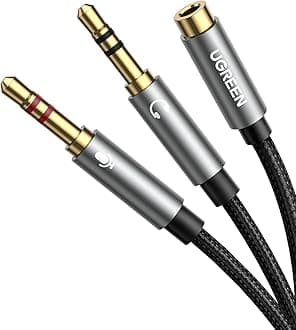 UGREEN 3.5mm 4 Pole 4 Pole (Female) to 3 Pole (Male*2) Microphone 3.5mm Conversion Cable Stereo Hi-Fi Sound Quality Reproduction Multiple Shielding High Durability Nylon Braiding 24K Gold Plated