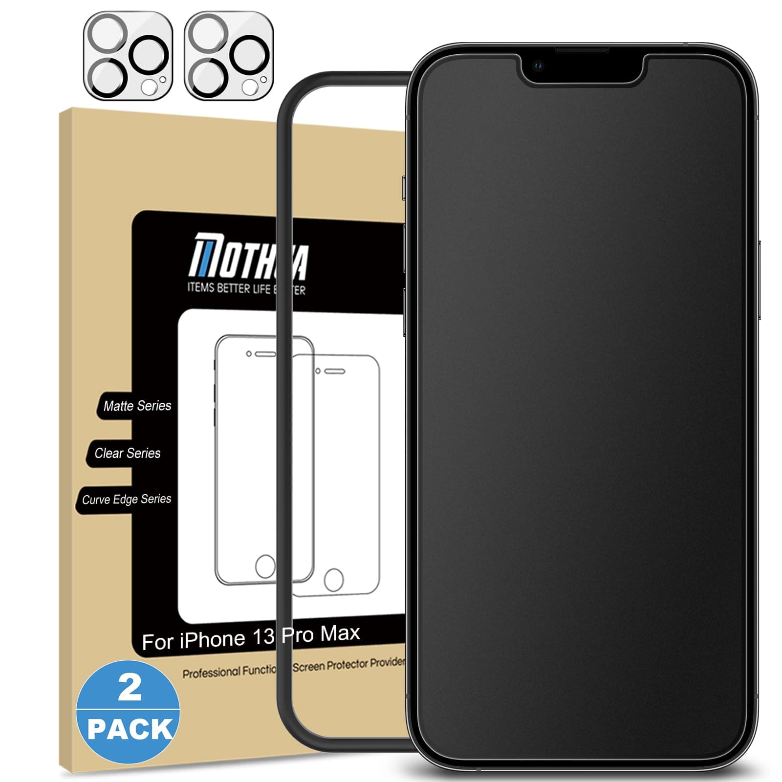 2 Pack Matte Glass Screen Protector for iPhone 13 Pro Max [6.7 inch] + 2 Pack Camera Lens Protector, Anti-Glare & Anti-Fingerprint Tempered Glass Film, Bubble Free Case Friendly Smooth as Silk