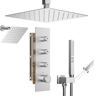 Thermostatic Shower System,Shower Faucet Set,12 Inch Ceiling Mounted and 6 Inch Wall Mount Rain Shower Head with 2 in 1 Handhled,Push Button Diverter Dual Head Shower Set Brushed Nickel