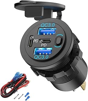 78W 4 Port 12V USB Outlet Car Charger, Super Fast Dual PD3.0 & QC3.0 Multiple USB Port for Car, USB C Cigarette Lighter Replacement 12 Volt Socket Waterproof for Marine Boat Motorcycle RV Golf Cart