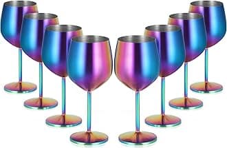 Lifecapido Stainless Steel Wine Glasses Set of 8, 18oz Colorful Stainless Steel Wine Goblets, Stemmed Metal Wine Glasses with Cup Brush for Party Office Wedding Anniversary, Great for Red White Wine