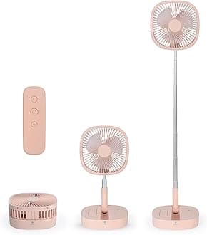 Magesh Portable Pedestal Fan - Foldaway Standing Fan Foldable Desk Fan, Use 7200Mah Rechargeable Battery, Remote Control Telescopic 4 Speed Quiet Timer Fan for Home Kitchen Outdoor Camping (Pink)