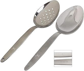 Kunz Perforated and Regular Set | Pack of 2 | 9 Inch 18/10 Stainless Steel Cooking Serving Spoon | Daily Chef, Basting, Quenelle, Saucing, Plating Spoon | Dishwasher safe