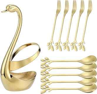 Stainless Steel Gold Creative Dinnerware Set - Decorative Swan Base Holder with 5 Forks and 5 Spoons for Coffee, Fruit,Dessert,Stirring, Mixing, Sugar, Stir, Ice Cream, Cake, Teaspoon (Gold)