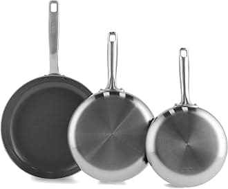 GreenPan Chatham Tri-Ply Stainless Steel 3-Piece Frying Pan Set, 8", 9.5", 11", PFAS-Free, Induction, Ceramic Nonstick Coating, Durable Cookware for Searing Sautéing & Frying, Oven & Dishwasher Safe