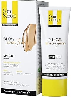 SunScoop Glow Even Tone Sunscreen SPF 50 PA++++ | Tinted Foundation-Like Finish | Zinc Oxide & Licorice Extract for Pigmentation | Broad Spectrum, Non Comedogenic & No White Cast | For Women & Men-45g