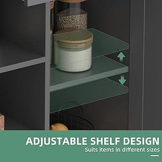 Shintenchi Kitchen Island with Storage, Kitchen Island Cart on Wheels with 3 Open Shelves, 2 Drawers and 2 Cabinets, Rolling Kitchen Table with Large Countertop, Gray