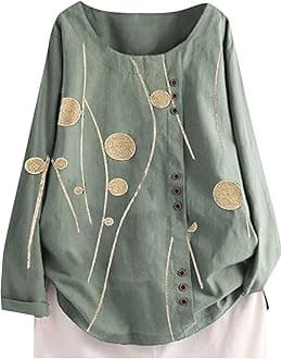 Linen Comfy Business Cool Long-Sleeved Blouses Lady Festival Asymetrical Shirts Printed Boat Neck Button-Down Trendy Top Womens