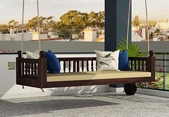 Solid Wood 3 Seater Rope Swing Chair | Wooden Hammock Swing Sofa with Rope & Complete Accessories for Indoor, Outdoor, Balcony & Garden | House Big Hanging Swings Jhula | Walnut Finish