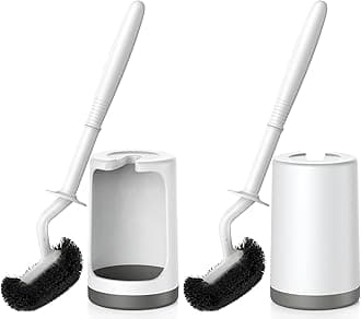 HAMITOR Toilet Bowl Brush Holder Set: Curved Design with Holder for Deep Cleaning Under Rim - Compact Hidden Scrubber for Small Space - Modern RV Bathroom Accessories - 2 Pack